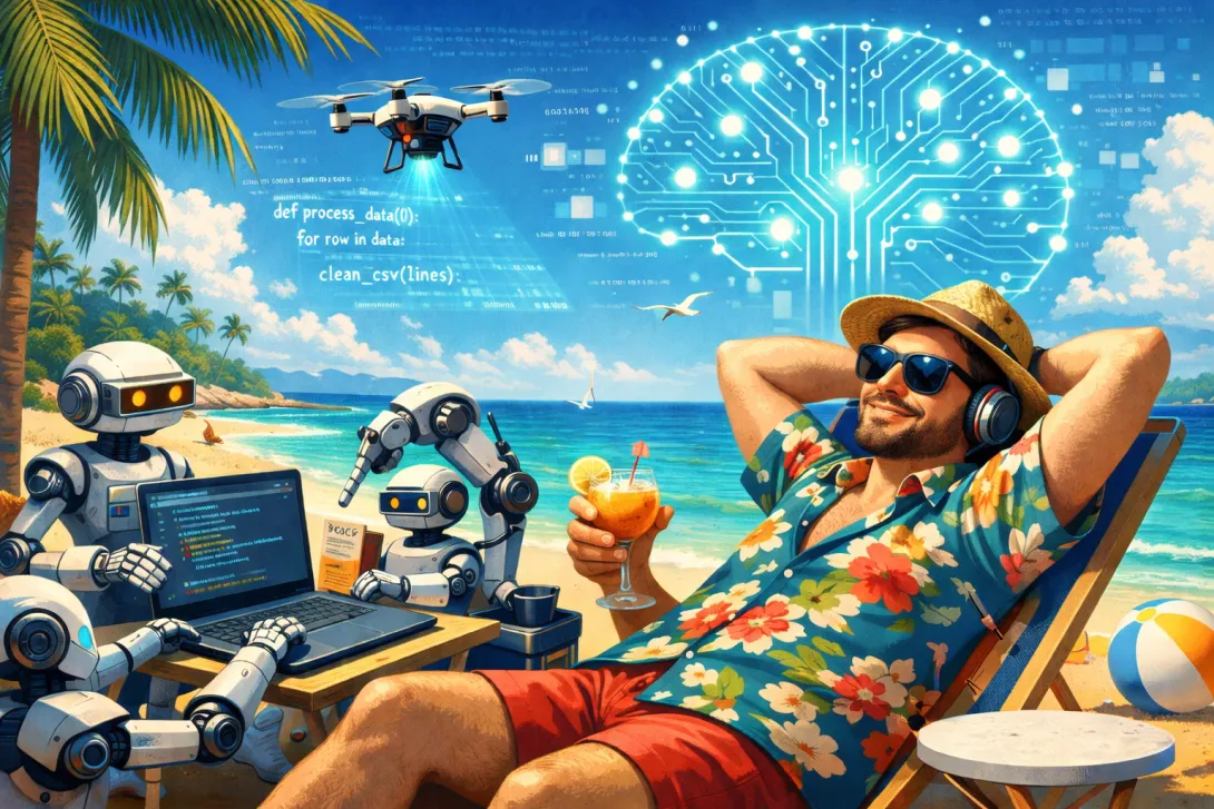 A relaxed programmer on a beach while robots write code on his laptop.